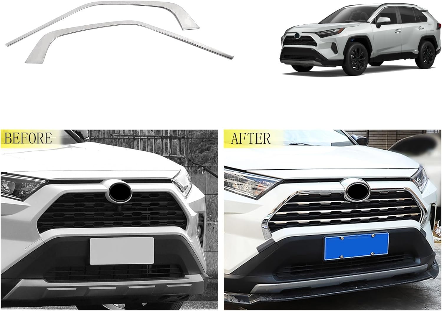 Car Accessories Compatible With Toyota RAV4 2025 2024 2023-2019 Exterior Front Grill Grille Strip Molding Cover Trims Stainless Steel 2PCS