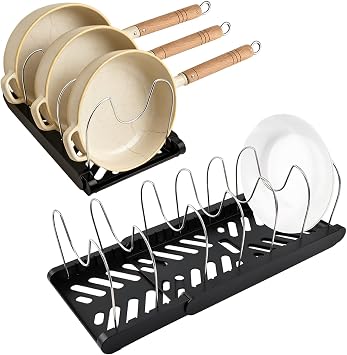 Pot and Pan Organizer, Expandable Pan Organizer for Cabinet, Pot Lid Holder with 10 Adjustable Compartments for Kitchen Cabinet Cookware Baking Frying RackBlack