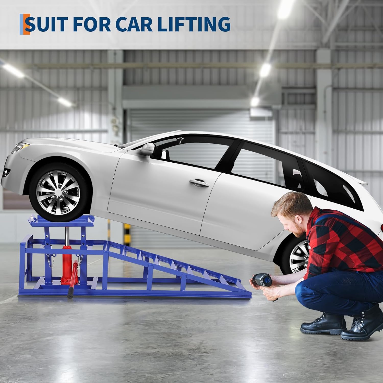 2-Pack Heavy Duty 5 Ton (11000 LBS) Hydraulic Car Ramps, High Lift 13.3" Truck Ramps with Safety Lock Pins, Auto Lift for Oil Change, Home Garage & Vehicle Repair, Blue