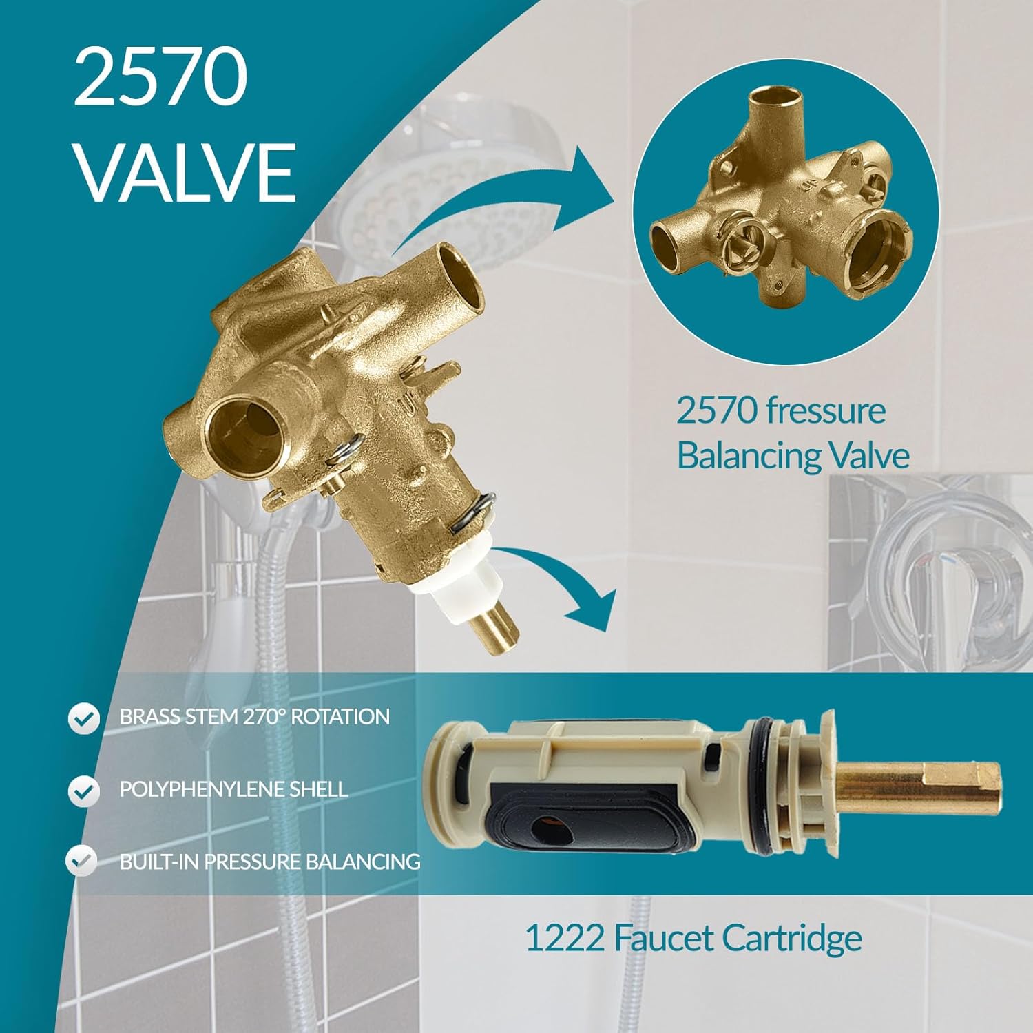 2570 Shower Valve, Pressure Balancing Cycling 4 Port Tub and Brass Shower Valves with Stops Replacement for Moen 2570-1/2 Inch CC Connections, For moen Trim Kit, Includes 1222 cartridge