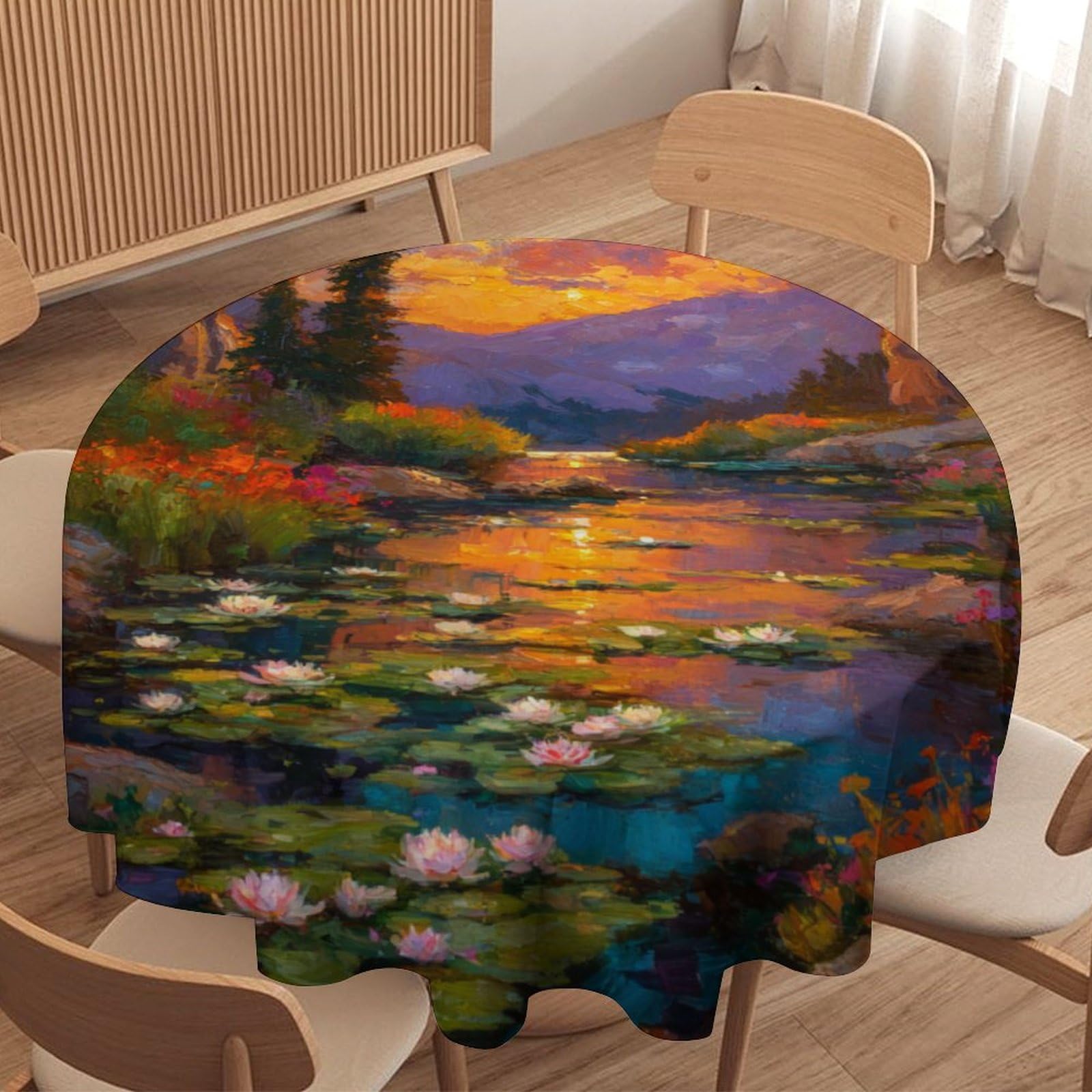 Luyysky Fantasy Classic Lotus Floral Waterproof Round Tablecloth Vintage Oil Painting Spring Sunset Mountains Lotus Flowers Washable Table Cover For Kitchen-177.8" Wx177.8 L Cm