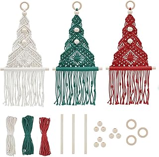 3Pcs/Set Macrame Kit DIY Tree Christmas Craft Kits with Instruction & 3 Sticks Woven Macrame Christmas Ornament Kits Wall Hangings Xmas Decor Adult Craft Kit for Adults