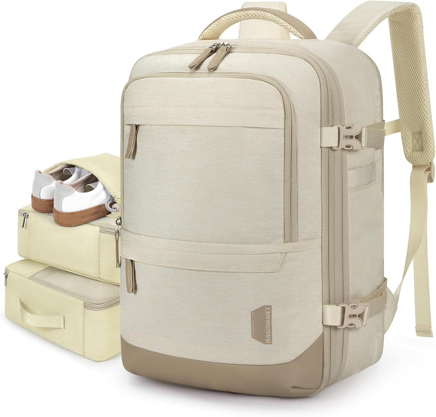 BAGSMART Compression Travel Backpack, 37L Expandable Carry On Backpack with Packing Cubes, Water Resistant Weekender Backpack with Shoe Bag, Warm Beige