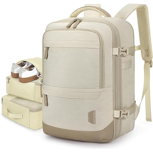 BAGSMART Compression Travel Backpack, 37L Expandable Carry On Backpack with Packing Cubes, Water Resistant Weekender Backpack with Shoe Bag, Warm Beige