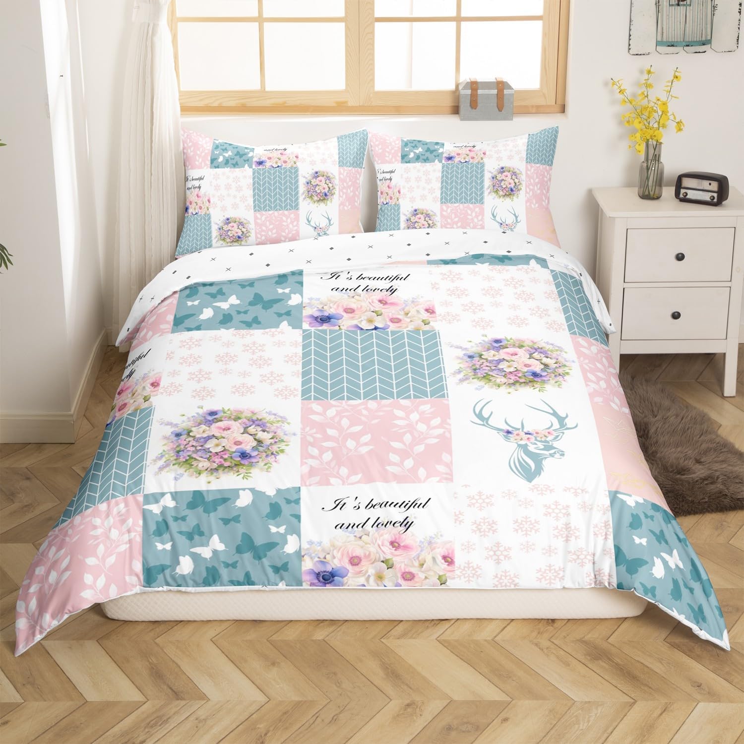 Pink Blue Grid Stripes Bedding Set Toddler Size for Kids Girls Boys,Antler Animals Duvet Cover Set 2Pcs,Pink Floral Leaves Butterfly Comforter Cover,Winter Xmas Snowflake Quilt Cover,1 Pillowcase