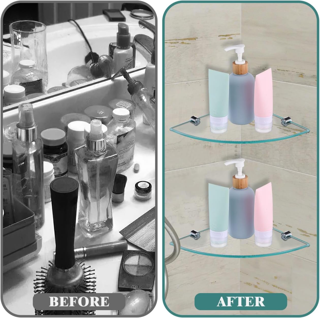 Bathroom Corner Shelf Wall Mount Glass Triangle Rack 7.8 Inch Floating Storage Holder for Shower and Bathroom Organization