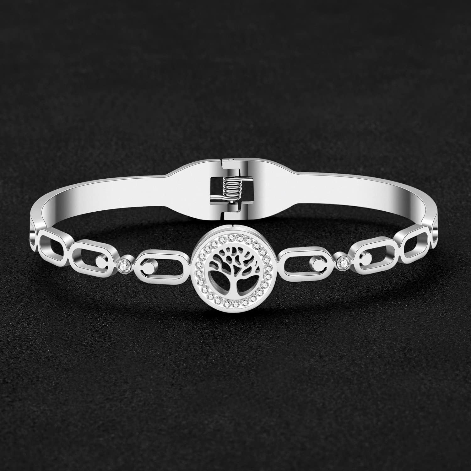 Stainless Steel 18K Gold Silver Plated Rhinestone Tree Bangle Hollow Out Cuff Bracelets Spring Summer Jewelry For Women Charms Gifts - Image 4