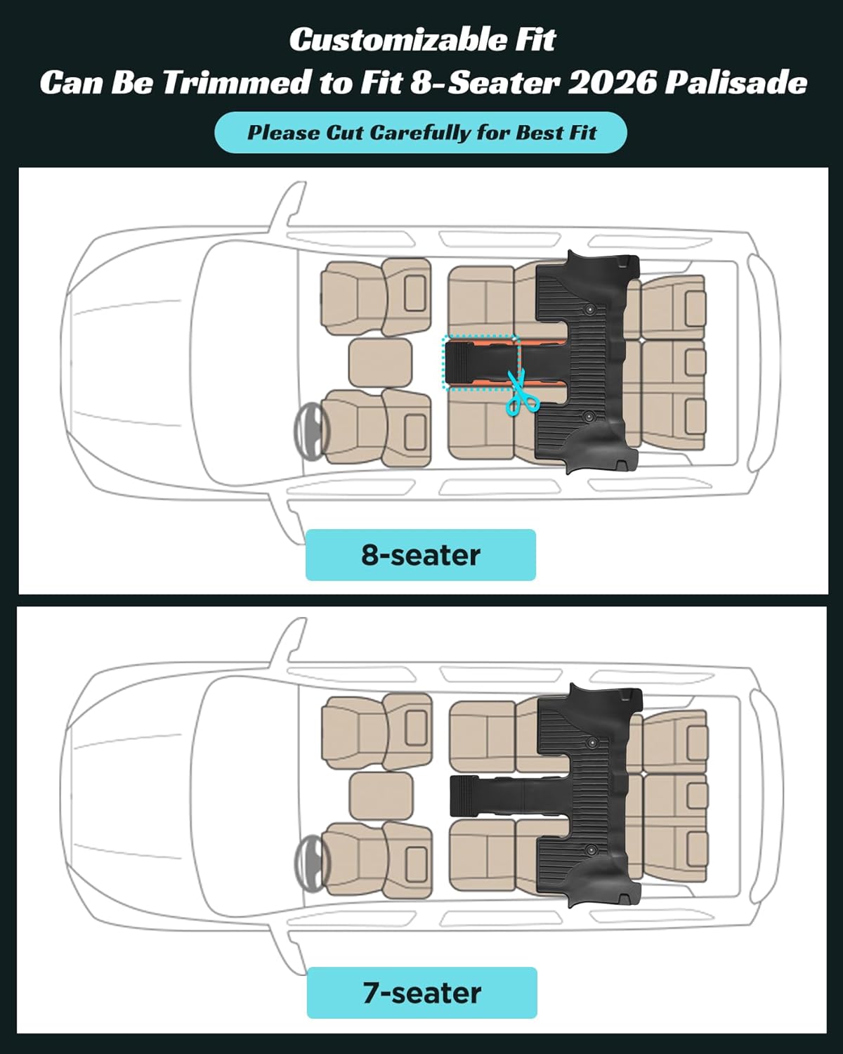 Floor Mats for Hyundai Palisade 2026 7/8 Seat (Gas Only), All Weather TPE Rubber Floor Mats Full Set with Cargo Liner & Backrest Liner, for Hyundai Palisade Accessories 2026, Black - Image 4