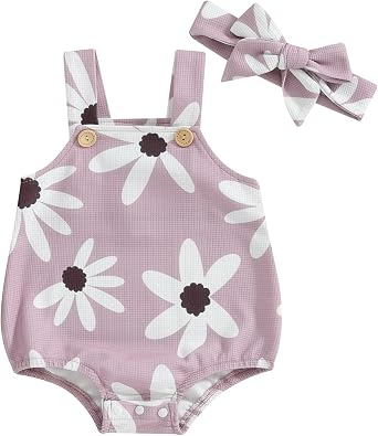 Kupretty Newborn Baby Girl Summer Clothes Waffle Knit Sleeveless Strap Daisy Romper Bodysuit Jumpsuit Cute Infant Clothing