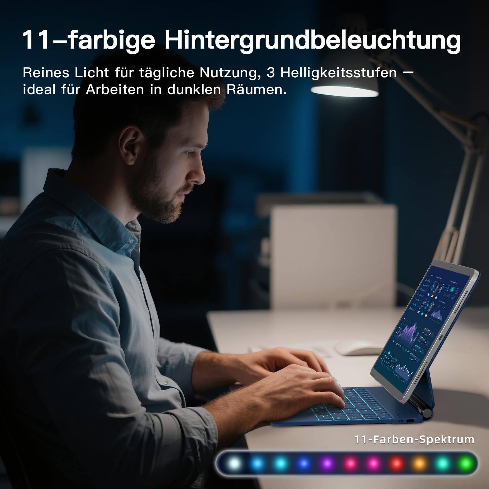 RAYMCRAFT für iPad Air 11 Zoll (M4/M3/M2) & iPad Pro 11 Zoll (4./3./2./1. Gen.) Hülle mit Tastatur, Magic Keyboard für iPad Air 5./4. Gen, 11-Farbig Beleuchtung, Smart Trackpad, Stifthalter, Stahlblau