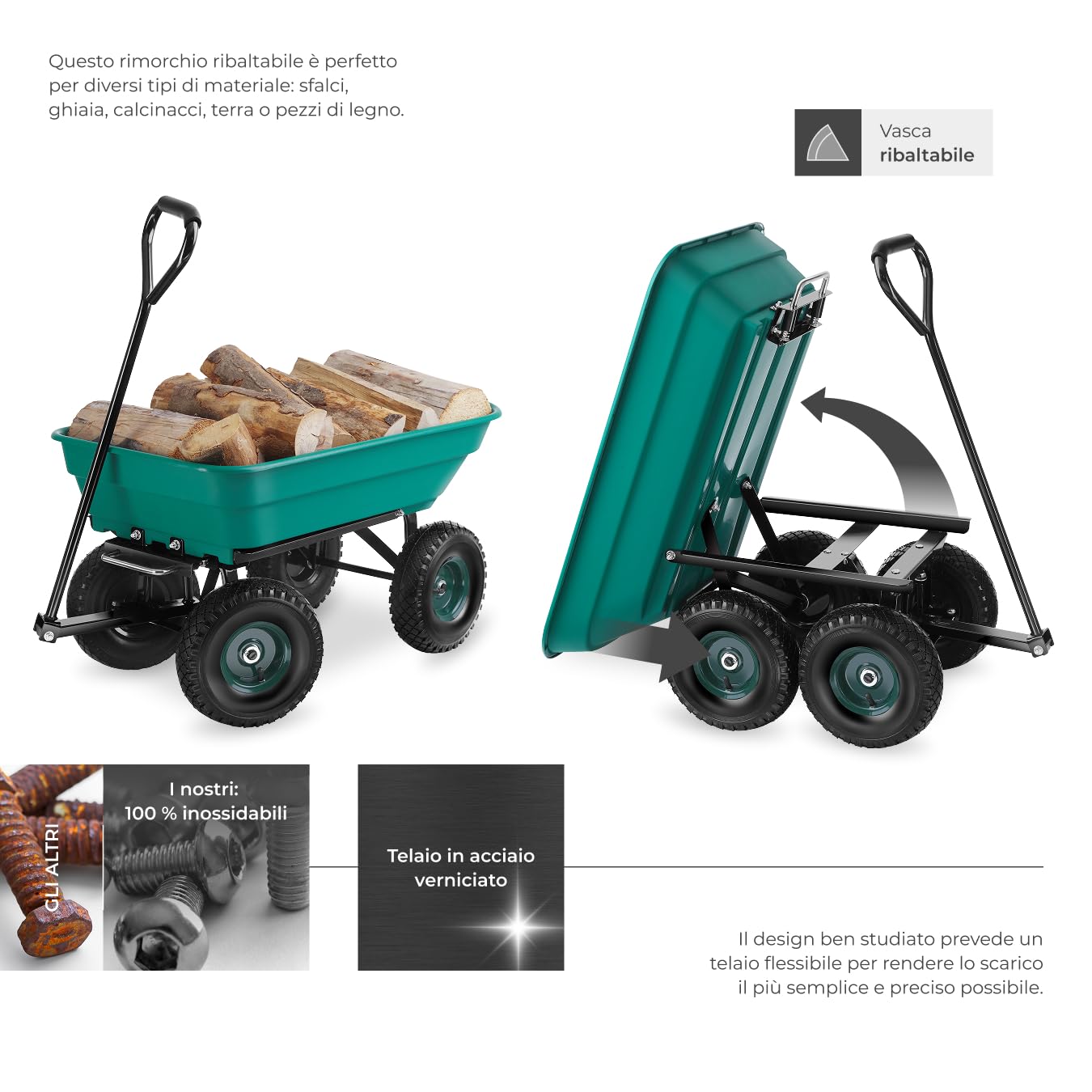 tectake® Carretto Giardino - Portata 120kg - Ruote Pneumatiche, Carrellino con Ruote Portatutto, Telaio in Acciaio, Manico Imbottito, Facile da Manovrare, per Giardino e Esterno - Verde