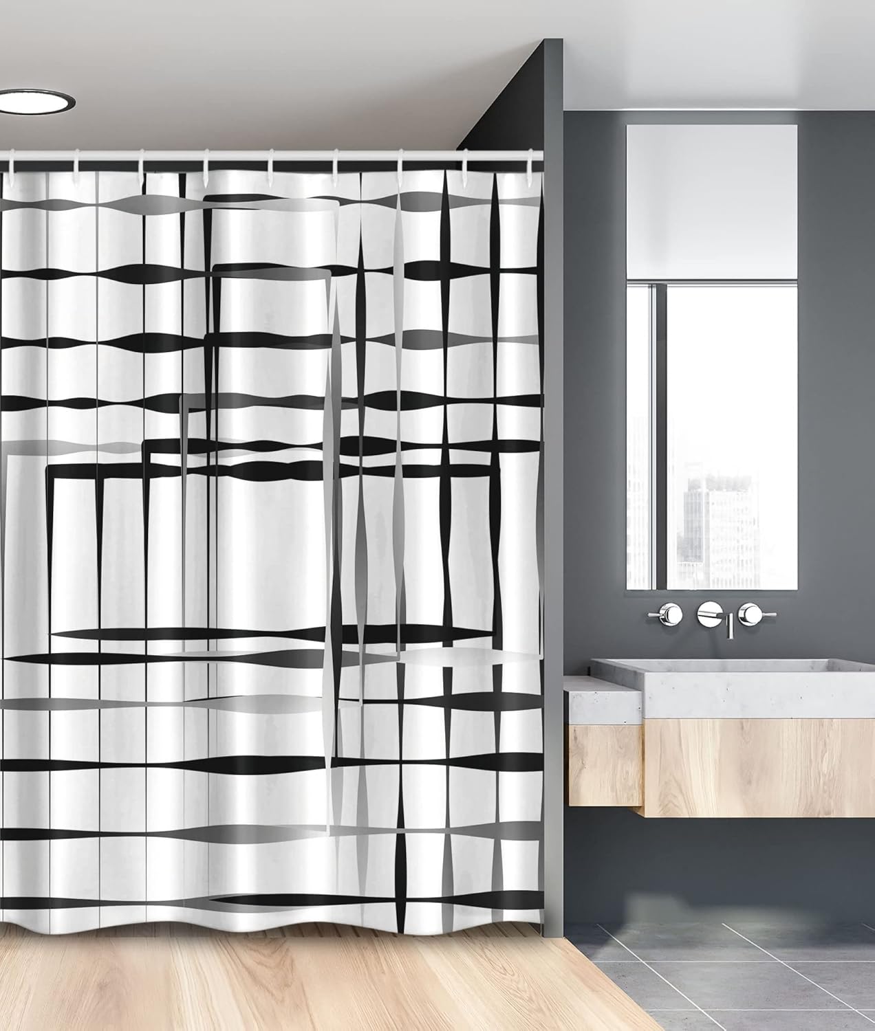 Ambesonne Modern Art Stall Shower Curtain, Minimalist Image Simplistic Spaces and Spare Asymmetric Grids Lines, Fabric Bathroom Decor Set with Hooks, 54" W x 78" L, Black White