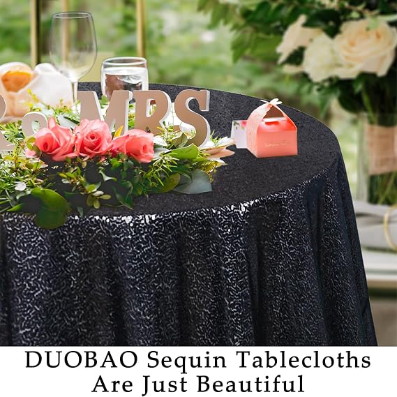 DUOBAO 50 Black Sequin Tablecloth - Sparkly Glitter Linen for Holiday, Birthday, Event, Banquet, and Reception Decor - Elegant Small Round Table Cover