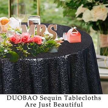 DUOBAO 50 Black Sequin Tablecloth - Sparkly Glitter Linen for Holiday, Birthday, Event, Banquet, and Reception Decor - Elegant Small Round Table Cover