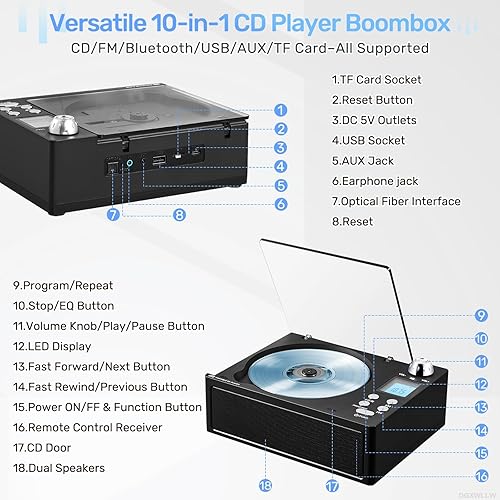Miniatura 2 de Boombox reproductor de CD portátil, Boombox recargable de 4000 mAh con reproducción de CD-RRWMP3, radio FMUSBTFAUXcontrol remoto, Bluetooth, sonido