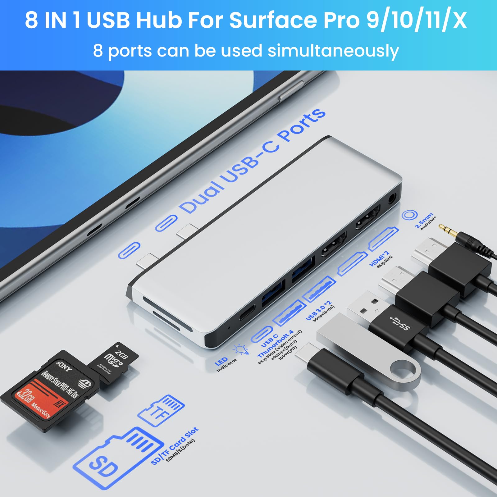 Surface Pro 11/10/9/X Hub USB C Incluye Dos Puertos *HDMI un Puerto USB-C Thunderbolt™ 4 (Pantalla 8K + Transferencia de Datos + Carga de 100 W), Dos Puertos USB 3.0, SD/TF, 3,5 mm Audio de