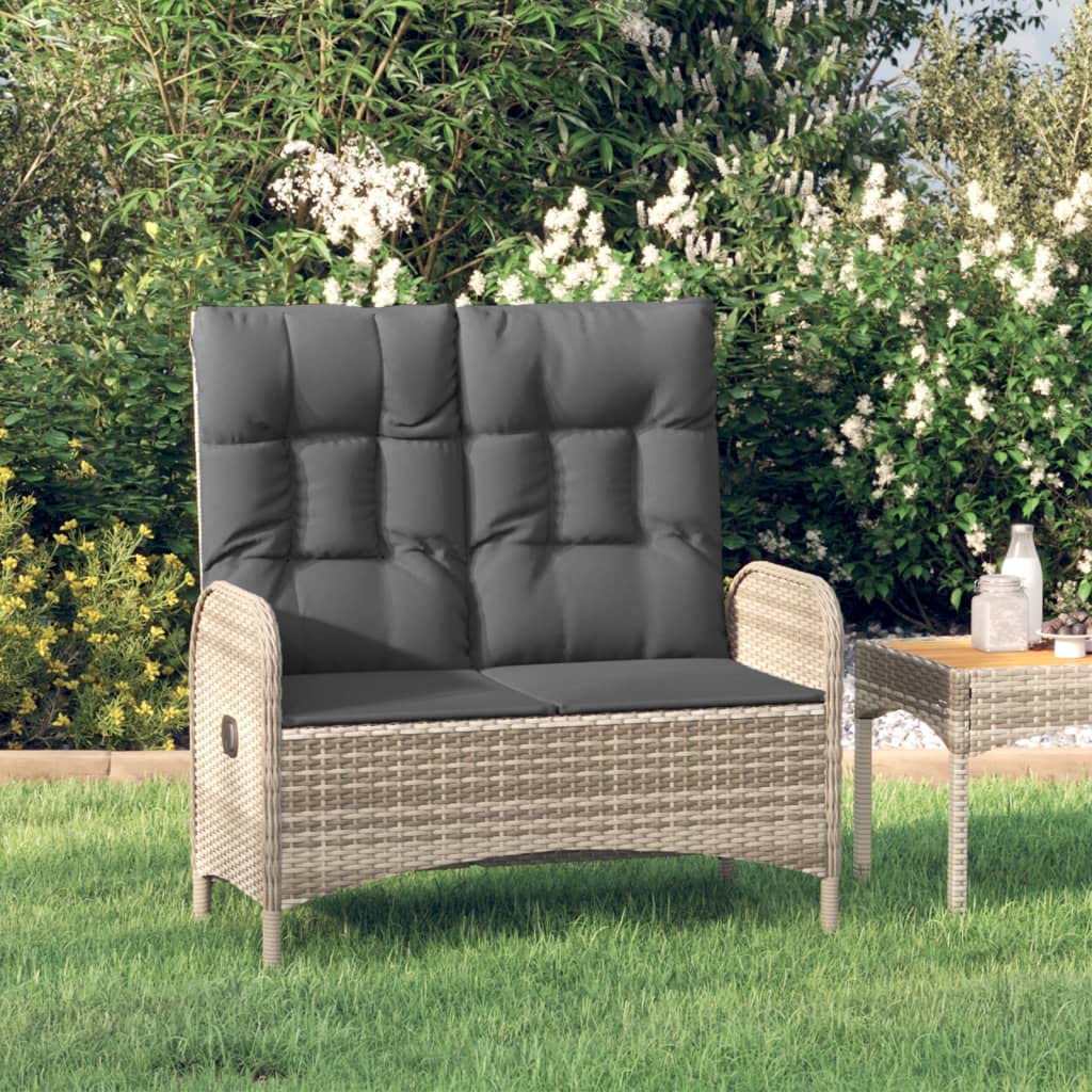 vidaXL Gartenbank, Sitzbank mit Liegefunktion Kissen, Parkbank Verstellbare Rückenlehne Stahlrahmen, Gartenmöbel Bank, 107cm Poly Rattan Grau