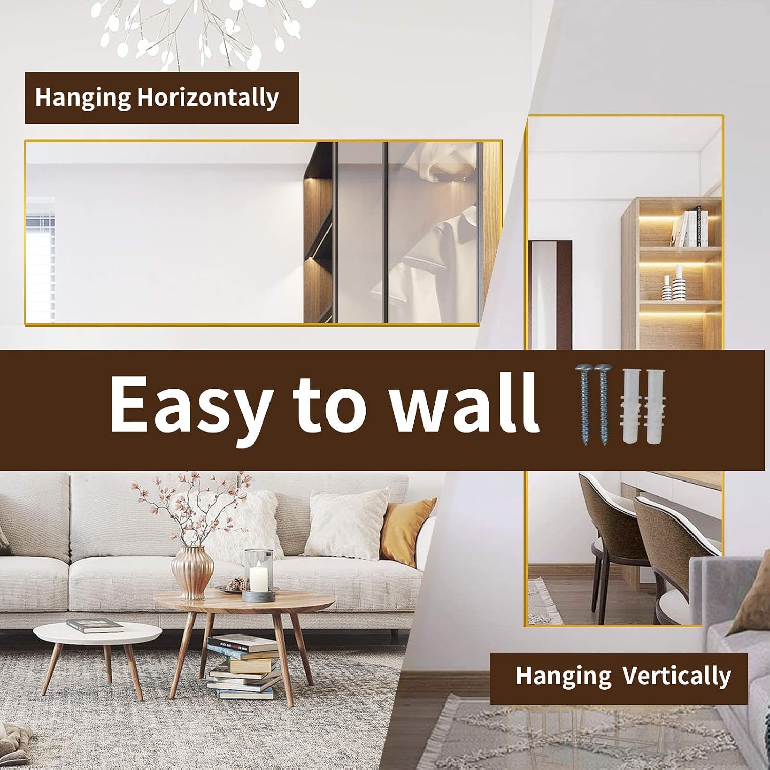 GLSLAND 65"x22" Full Length Mirror Standing Hanging or Leaning Against Wall Large Rectangle Bedroom Floor Dressing Aluminum Alloy Thin Frame (Gold)