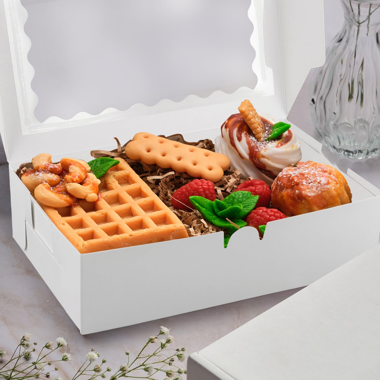 MOUYAT Paquete de 50 cajas de panadería blancas con ventana, 23 x 14 x 6 cm, cajas de galletas para macarrones, cupcakes, magdalenas, donas
