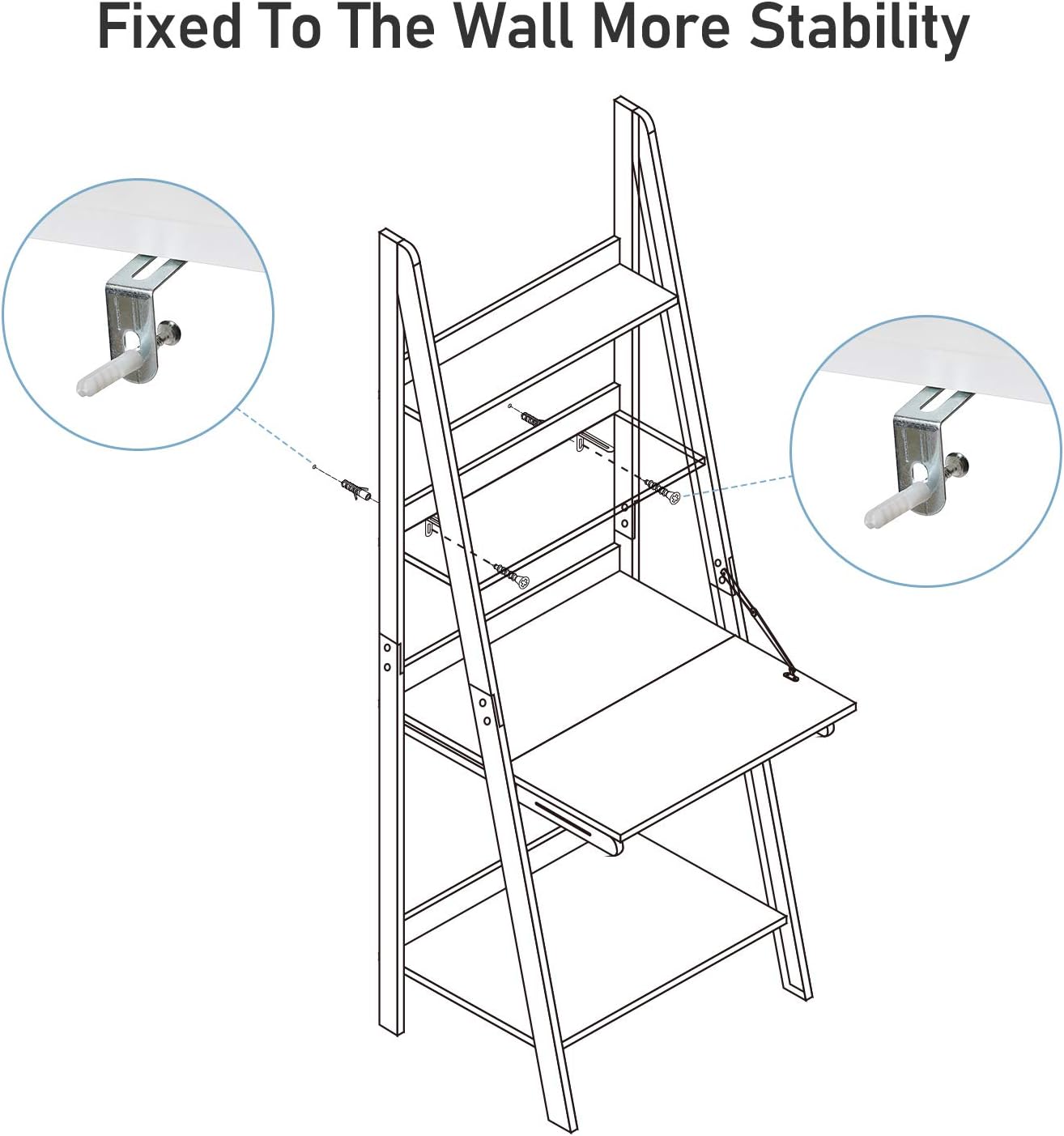 Itaar 4-Tier Ladder Shelf Bookcase with Drop-Down Desk, Leaning Free Standing Wooden Frame Decor Bookshelf Storage Stand Shelf Wall Shelf for Home Office, White