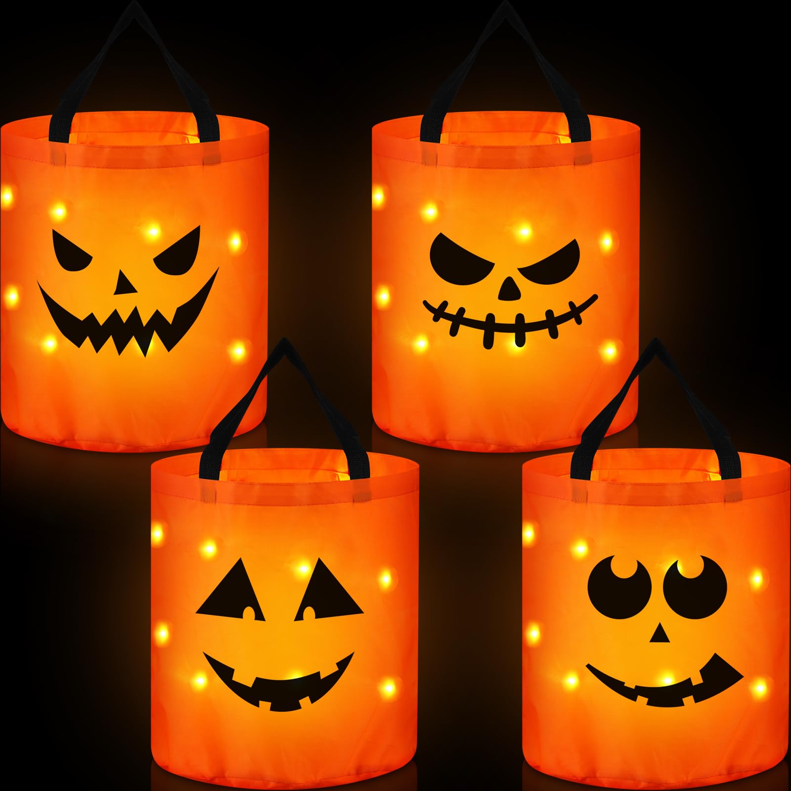 Sweetude 12 Pcs LED Light Halloween Bucket LED Light Halloween Candy Bags Light Up Halloween Bags Trick or Treat Bags Light Up Candy Bags Reusable Goody Bucket for Kids Halloween Party Supplies Favors