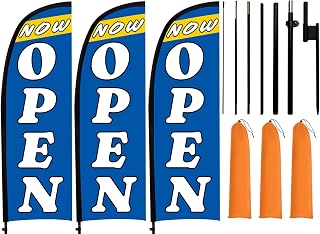 8.2 ft Now Open Flags Signs for Grand Opening Banner Advertising Business, Feather Flag with Pole Kit and Ground Stake, Yard Sign Banner Flagpole Posts for Outside 3 Set Blue