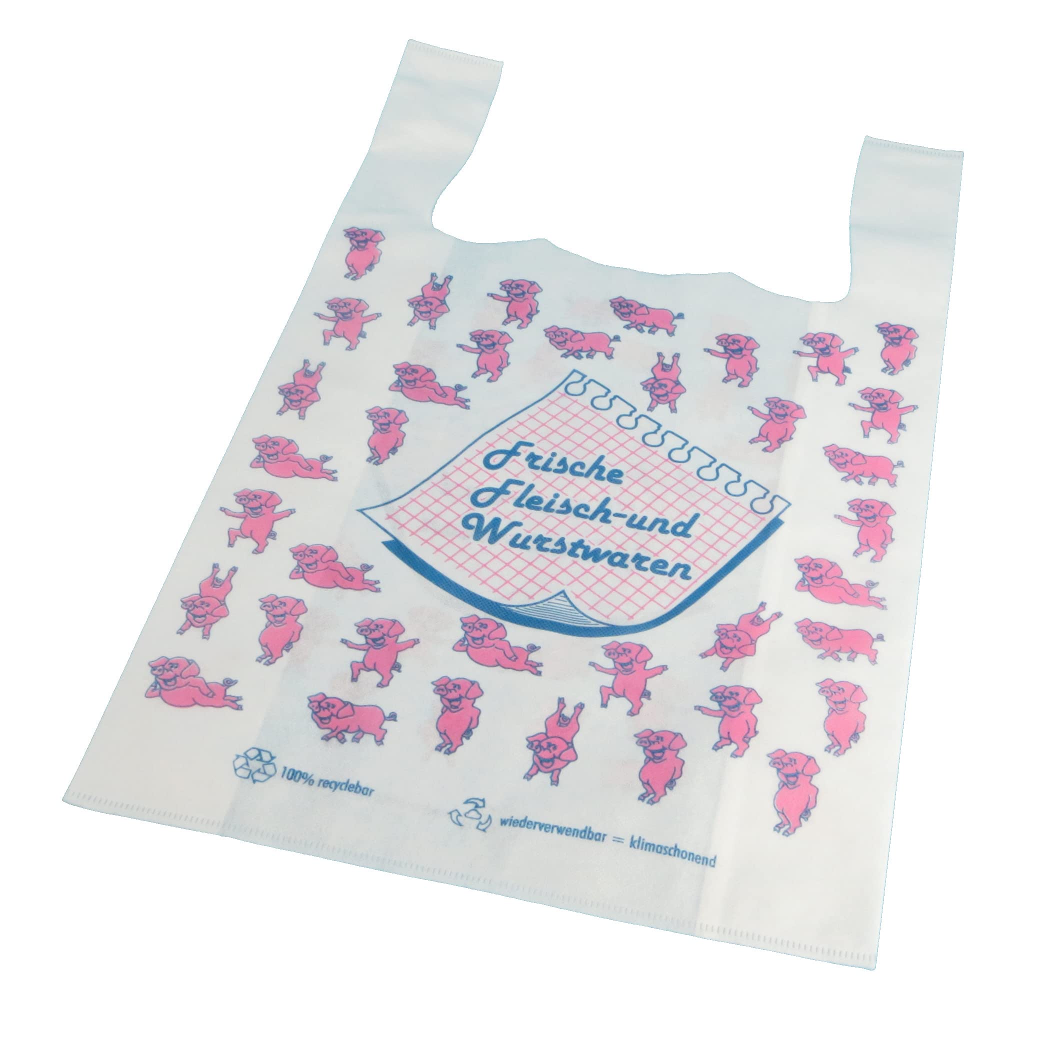 Pro DP 500 Mehrweg Hemdchentragetaschen Shopper Bags Einkaufstüten 32+12x53cm Metzger Schweinchen Motiv 45g/m² PP Vlies recycelbar