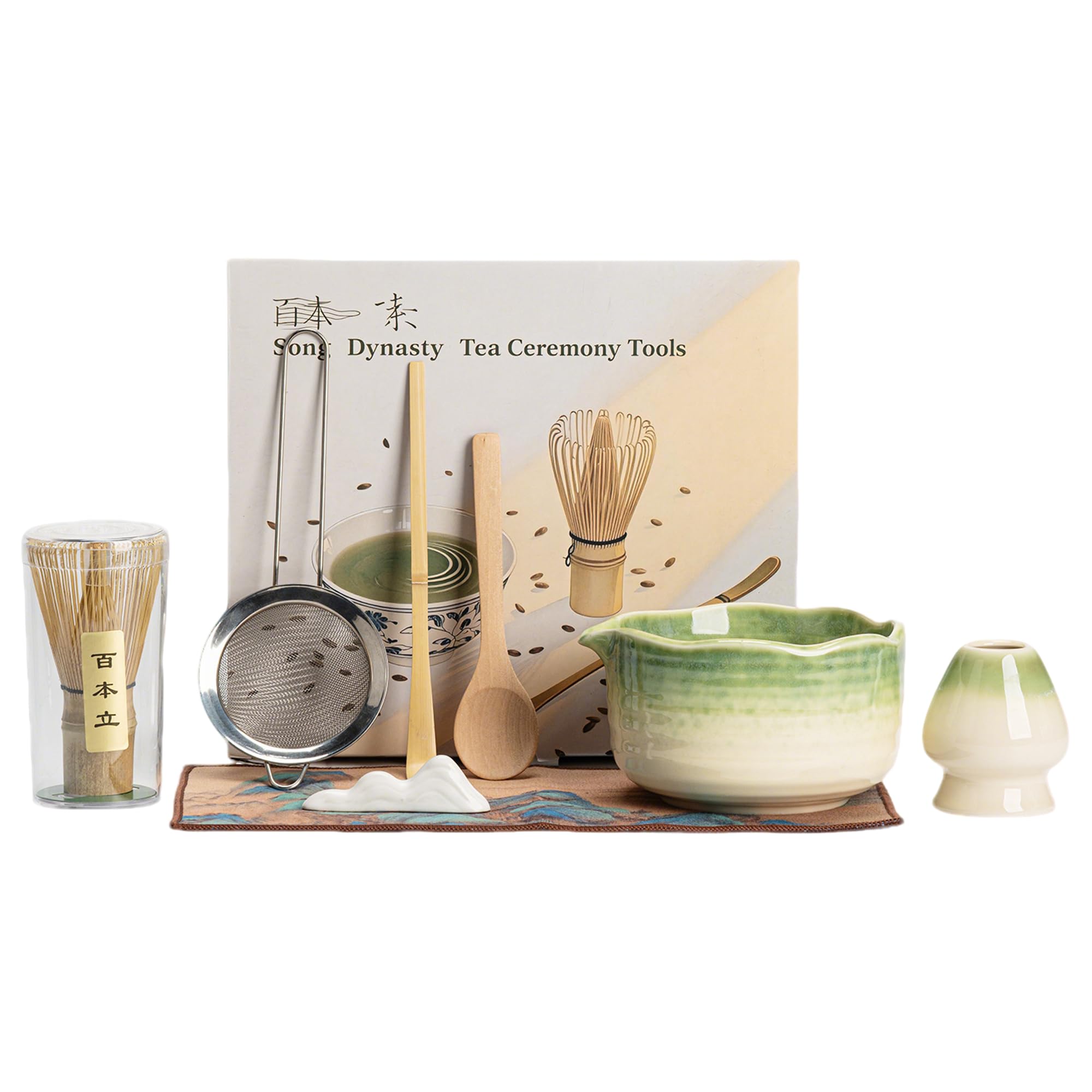 Zestaw Matcha z trzepaczką i miską, japoński zestaw do herbaty Matcha zawiera ceramiczną miskę, trzepaczkę bambusową, uchwyt, miarkę, przesiewacz i szmatkę, kompletny prezent dla początkujących