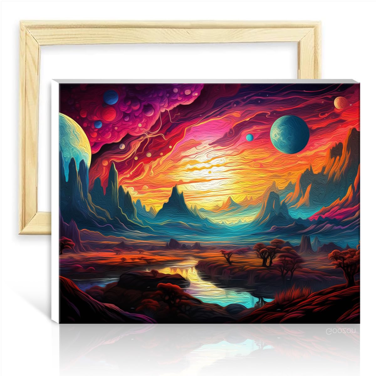TANGFEIY Canvas Drawing Paintwork Kit Double Planet Landscape Adults/Kids/Beginners, with Brushes and Acrylic Pigment on Canvas Painting Art Crafts DIY Frame(40x50cm)