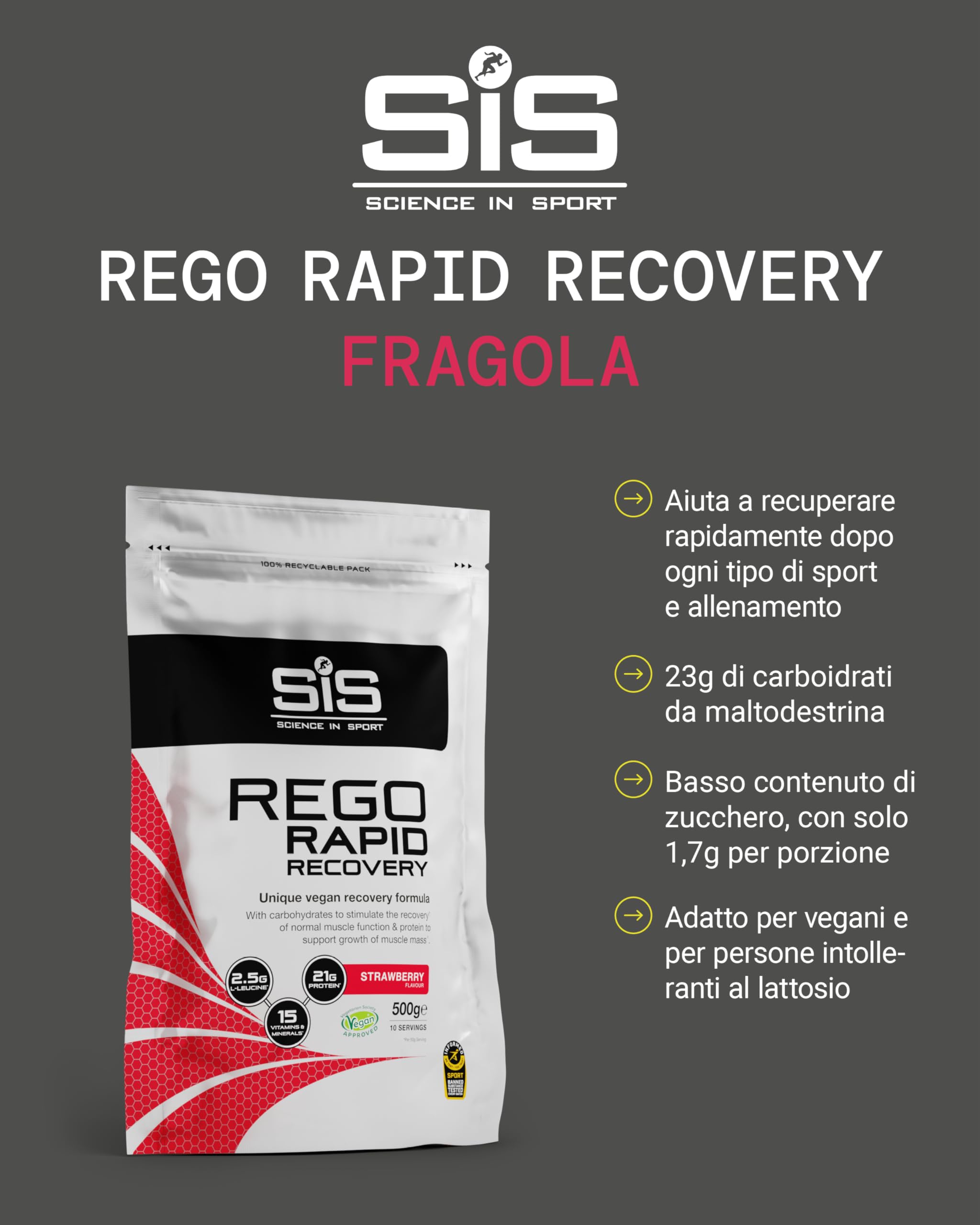 Science in Sport Rego Rapid Recovery 500g Fragola Vegan - Drink di recupero in polvere con carboidrati, proteine in polvere, elettroliti, vitamine e minerali, Favorisce un allenamento efficace