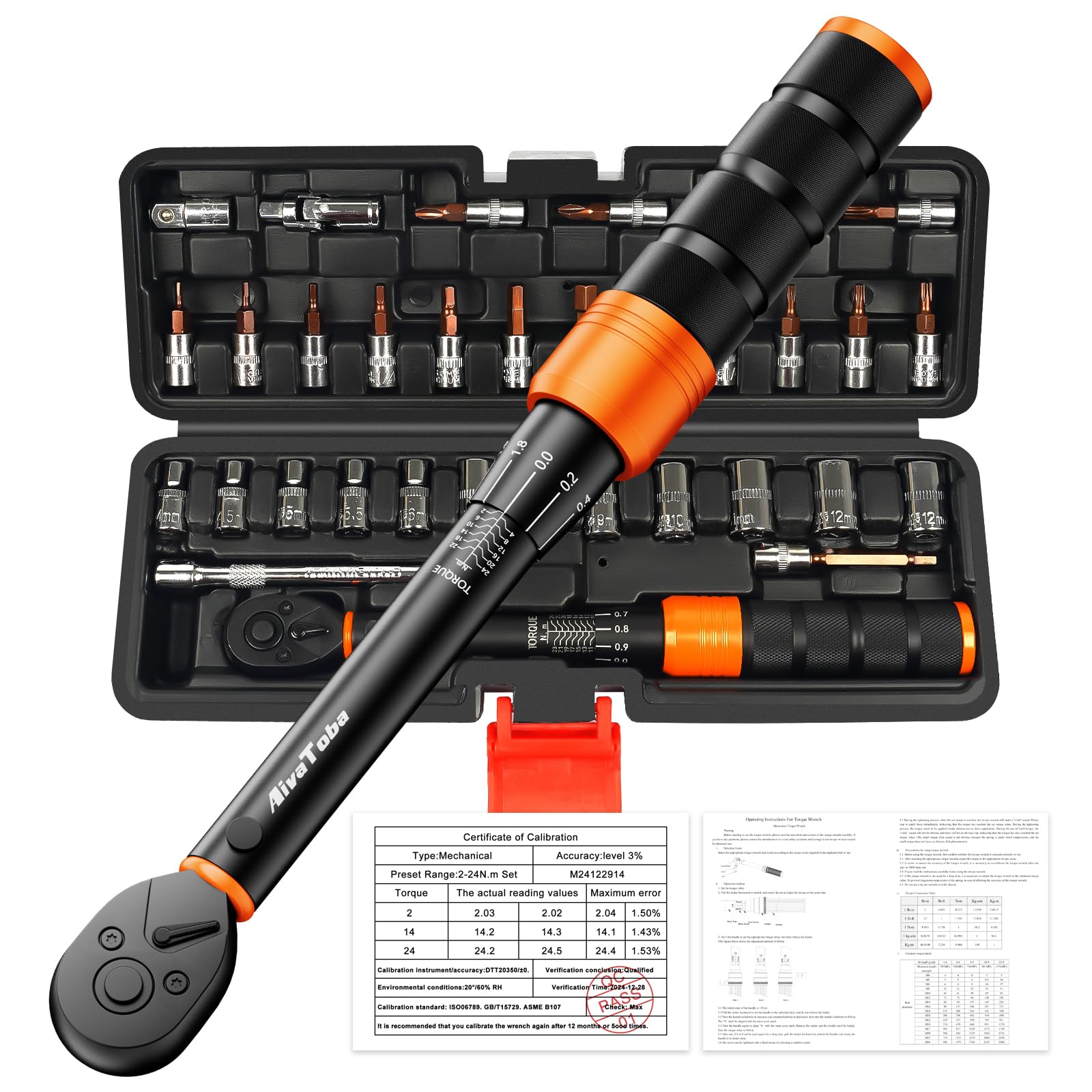 AivaToba 33PCS Bike Torque Wrench Set 2-24Nm, ±3% Accuracy 1/4" Drive Click Torque Wrench with 29 Sockets & Bits (Hex, Torx, Phillips, 4-13mm), Extension Bar & Adapter for MTB & Road Bicycle