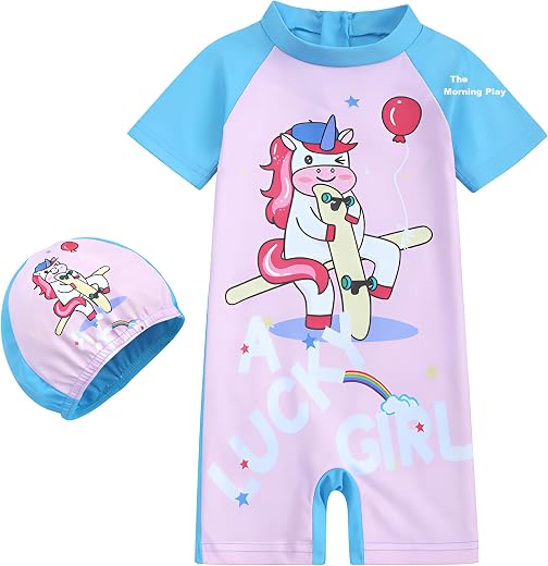 THE MORNING PLAY Swimsuit for Kids with Cap, One-Piece Rash Guard, Short Sleeve Swimwear for Kids Girls