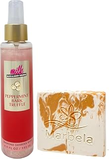 Bath & Body Works Peppermint Bark Truffle Shimmer Mist with a Peach Gardenia Sample Soap