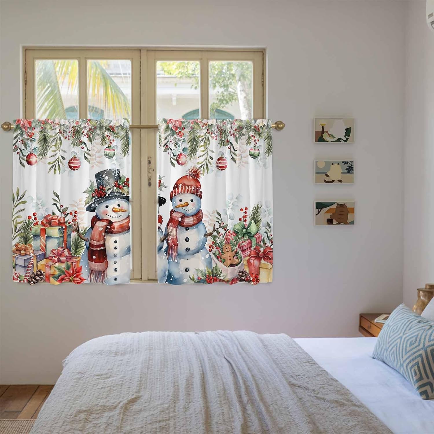 Christmas Snowman Kitchen Tier Curtains 45 Inch Long 2 Panel Set,Rod Pocket Short Window Treatment,Xmas Balls Poinsettia Botanical Light Filtering Curtains & Drapes for Bathroom Basement 27.5"W x 45"L