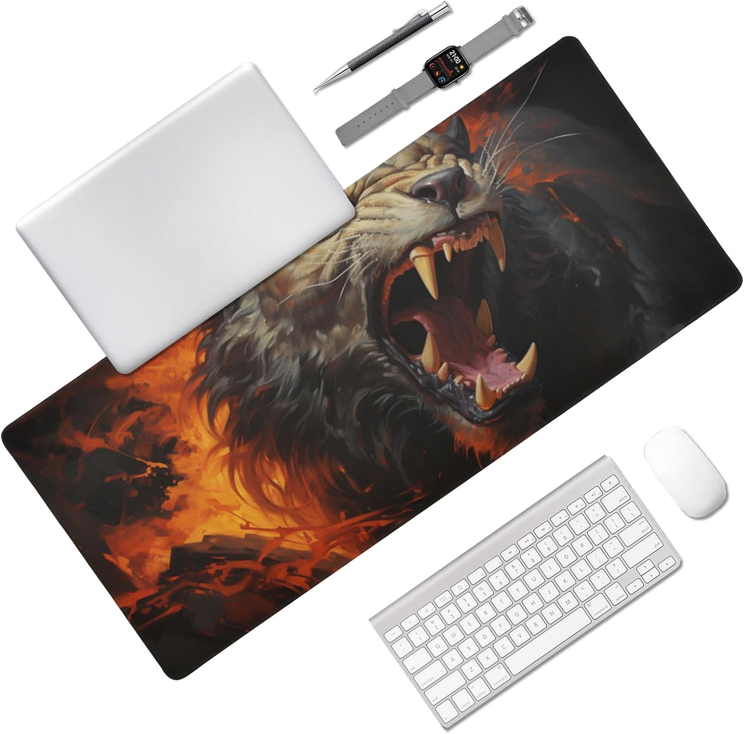 Roaring Lion in Colorful Chalk Art Inspired Design, Large Mouse Pad 35.5 x 16 Inch, Non-Slip Base, Stitched Edges, Perfect for Gaming or Office
