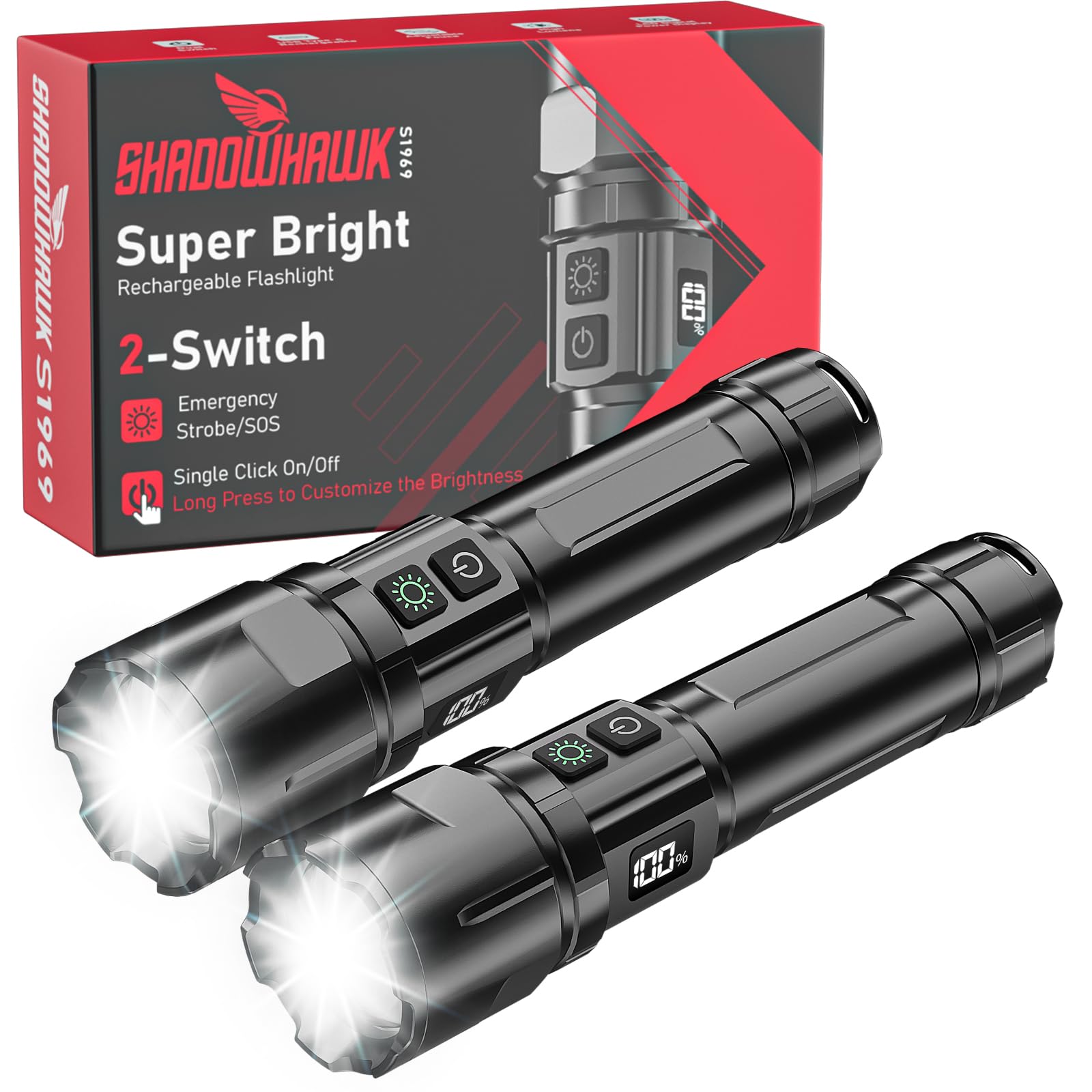 Shadowhawk S1969 Extrem Hell Taschenlampe Led Aufladbar 2-Stück