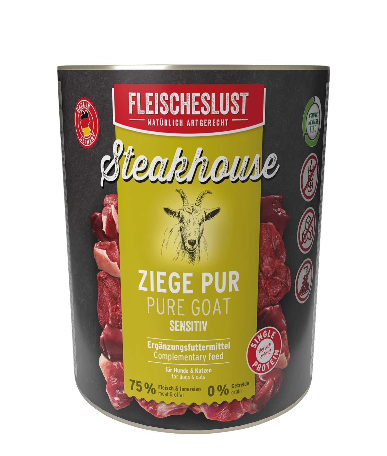 Fleischeslust Comida húmeda para perros y gatos | Steakhouse cabra pura (6 x 800 g) | latas de carne pura | monoproteína | alimentos complementarios | sin cereales | sensible