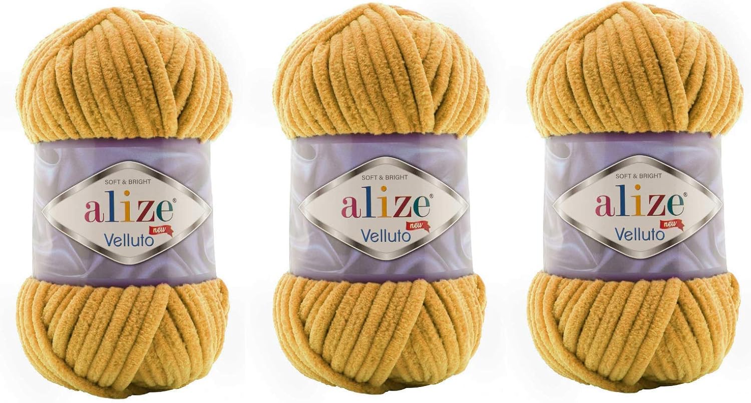 Alize Velluto 100% MicroPolyester Baby Blanket Yarn Lot of 3 skn 225 Yards 3x100gram, Yarn Weight: Super Bulky 6 (2 Mustard)