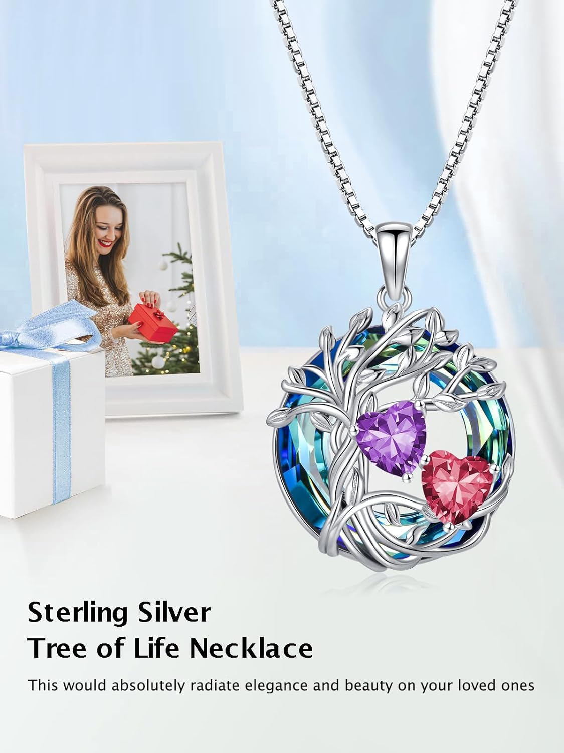 TOUPOP s925 Sterling Silver Family Celtic Tree of Life Pendant Necklaces with 2 Heart Birthstone with Blue Austrian Crystal Jewelry Birthday Valentines Day Gifts for Her, Anniversary Christmas Gifts for Wife Girlfriend Mom (18K Real White Gold Filled) - Image 2