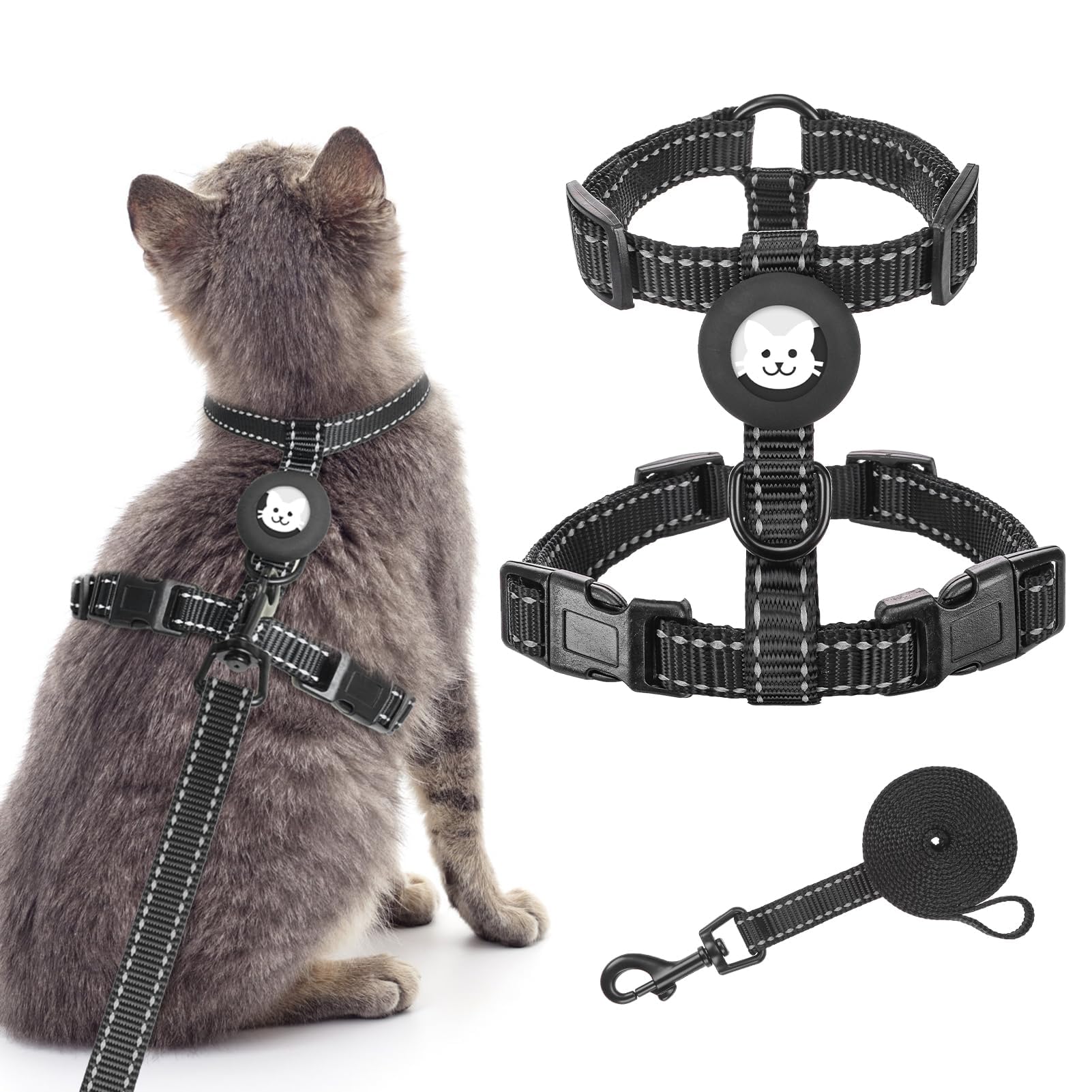 BINGPET Cat Harness and Leash Set Escape Proof for Walking,Adjustable Kitten Harness with Airtag Holder for Small Medium Large Cats (Black Reflective,