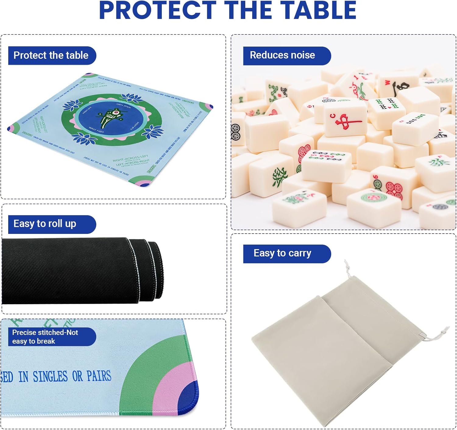 Mahjong Mat, 32.2x32.2 Inch Non-Slip and Noise Reduction Mah Jong Table Mat,Gaming Mat with Carrying Bag for Mahjong, Poker, Board Games, Dominoes