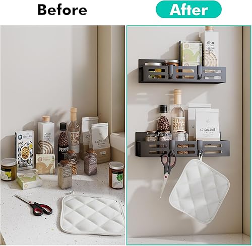 Miniatura 6 de Paquete de 4 estantes magnéticos para especias para refrigerador, estante magnético negro y nevera, organizador de gabinetes de cocina, organización