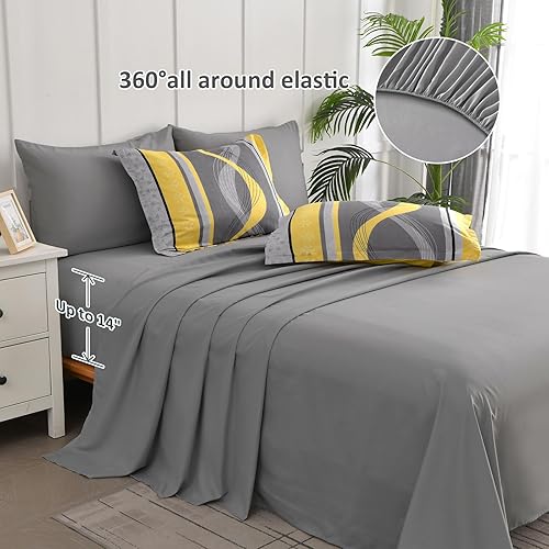 Miniatura 5 de Juego de edredón amarillo tamaño Queen, 8 piezas de cama en una bolsa, juego de ropa de cama a rayas de retazos, juego de ropa de cama de microfibra