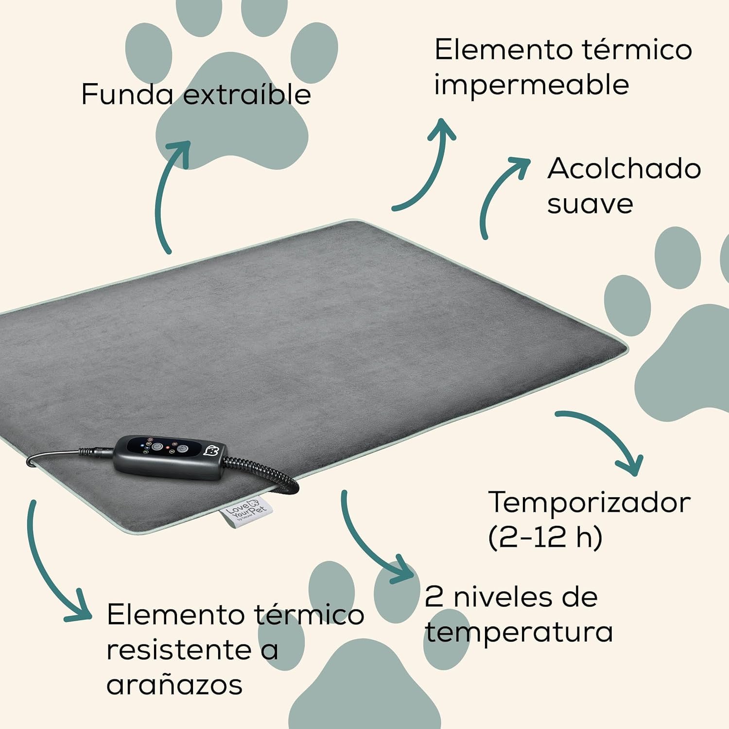 Beurer Love Your Pet Colchoneta térmica Talla L «Sammy» de para Perros y Gatos, con Temporizador, Grande, Almohadilla eléctrica XXL Lavable a 30 °C, Resistente a los arañazos y el Agua, 65 × 50 cm