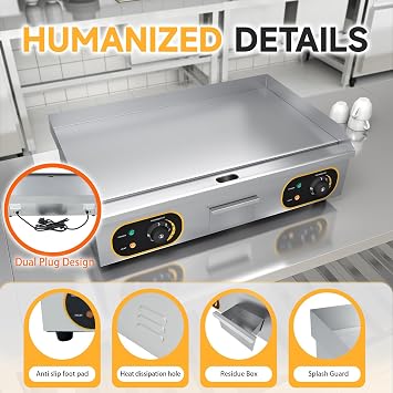 Gastro Grill Plate Electric Smooth Professional Gastro Electric Grill 73 x 40 cm Commercial Electric Grill Plate Stainless Steel Grease Collection Container 4400 W Double Temperature Control & Double Plug for Kitchen