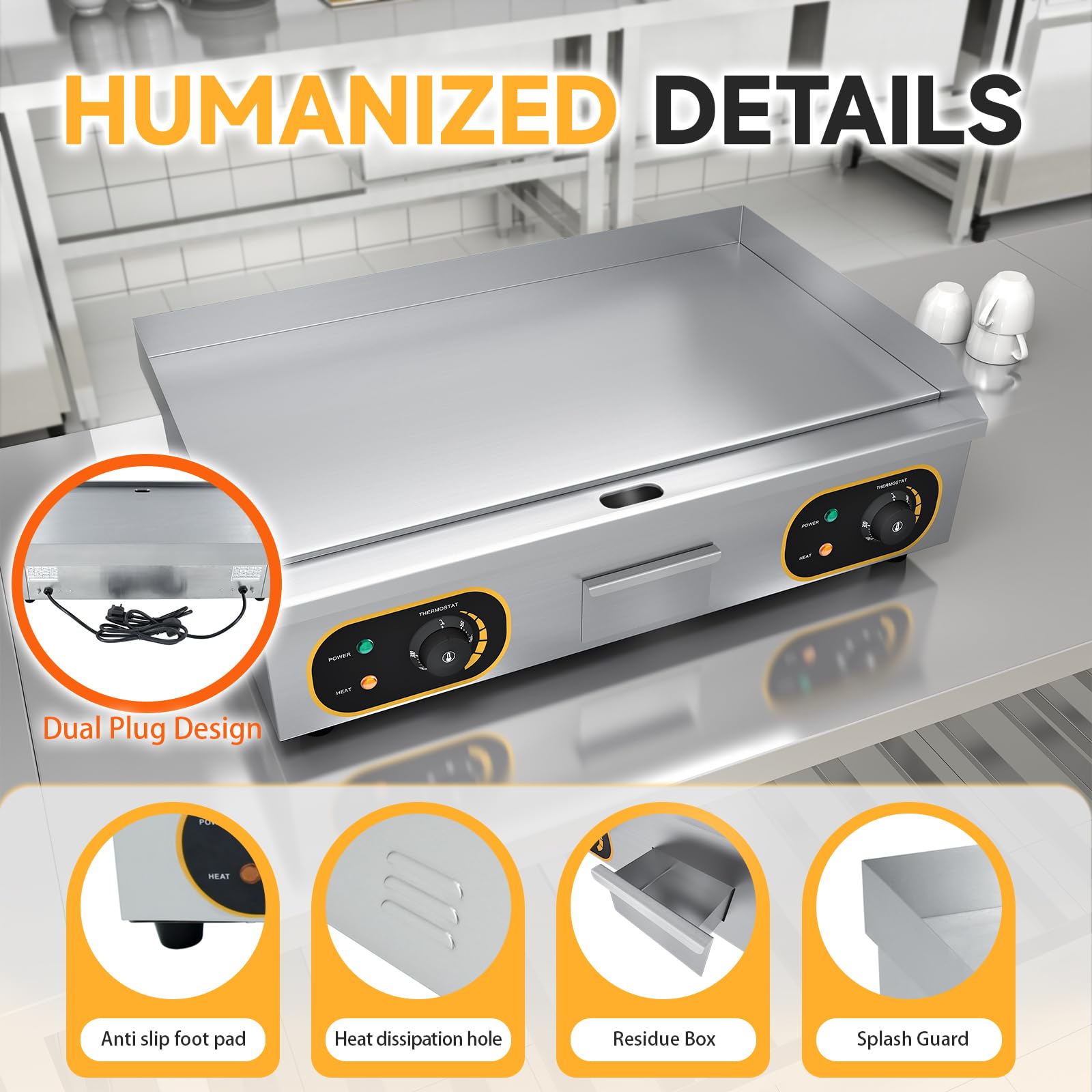 Gastro Grillplatte Elektrisch glatt, Profi Gastro Elektrogrill 73x40 cm, Kommerzielle Elektro grillplatte Edelstahl, Fett-Auffangbehälter 4400W, Doppelte Temperaturregelung & Doppelstecker, für Küche