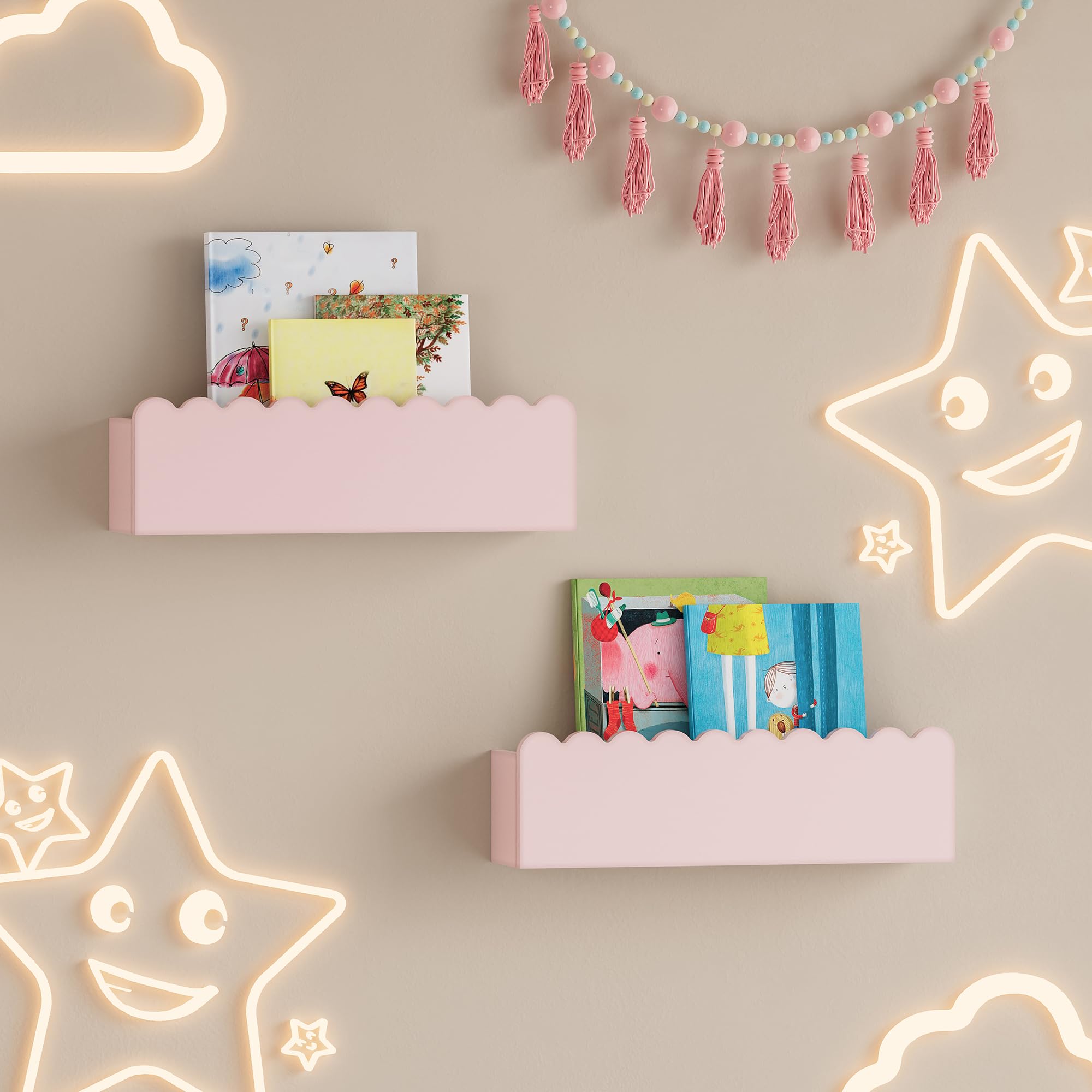 [en.casa] Set de 2 Estantes Flotantes Infantil Vestnes Baldas de Pared con Borde Elevado y Ondulado Librería Dormitorio para Niños Habitación Infantil 40 x 9,5 x 10 cm Rosa - Algodón de azúcar