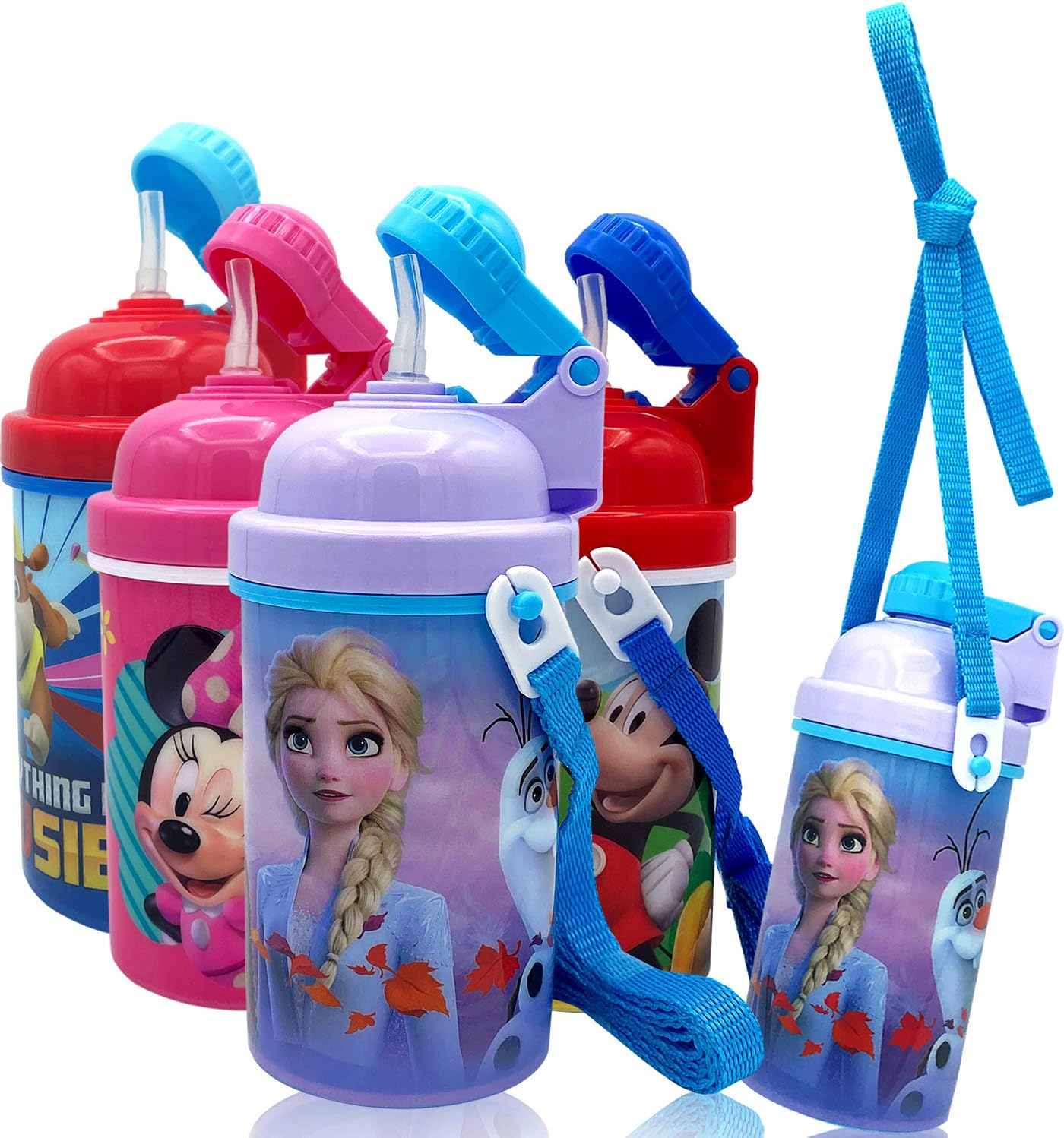 Disney Frozen Deluxe Carrying Strap One Touch Water Bottles with Reusable Built in Straw (Snow Canteen 16.9oz)