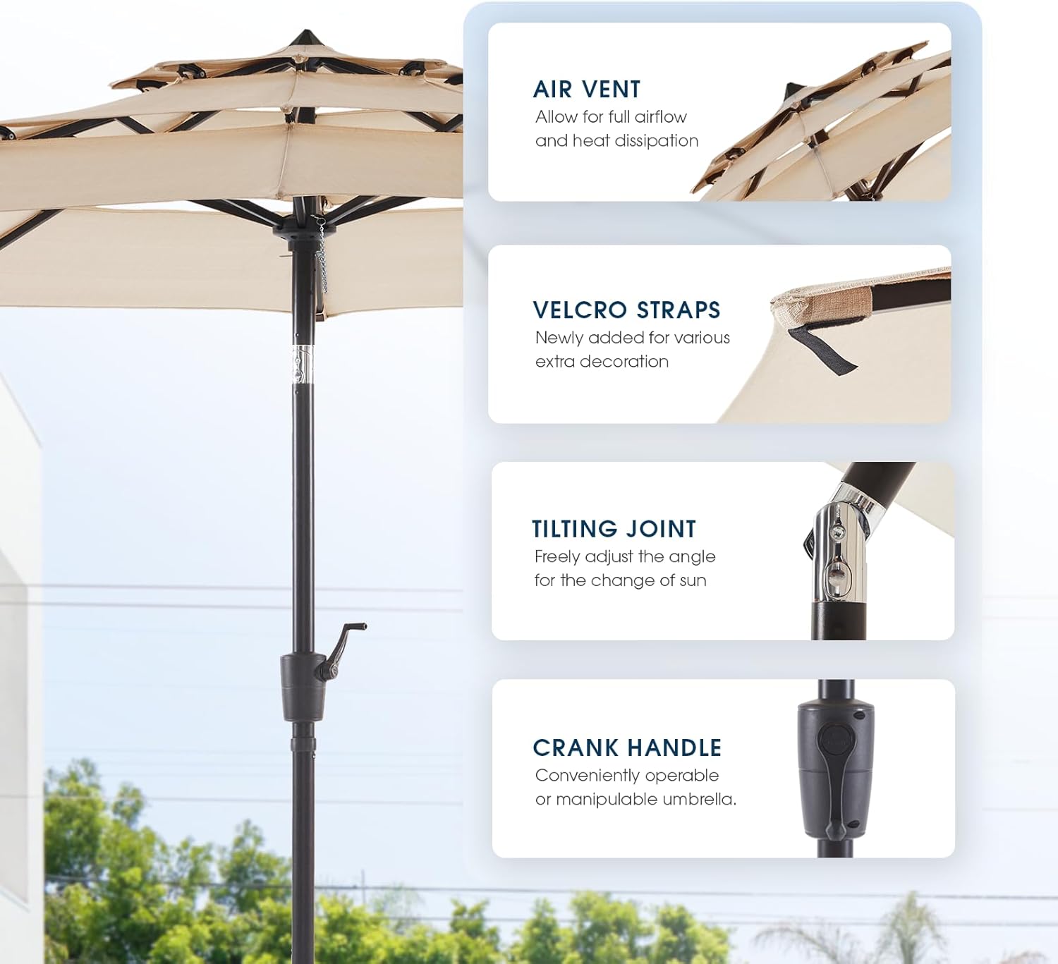 BLUU MAPLE Olefin 9 FT 3 Tier Patio Market Umbrella, 3-year Color Fastness Olefin Canopy, Outdoor Table Umbrellas with 8 Strudy Ribs & Push Button Tilt for Lawn, Deck, Backyard & Pool (Beige)