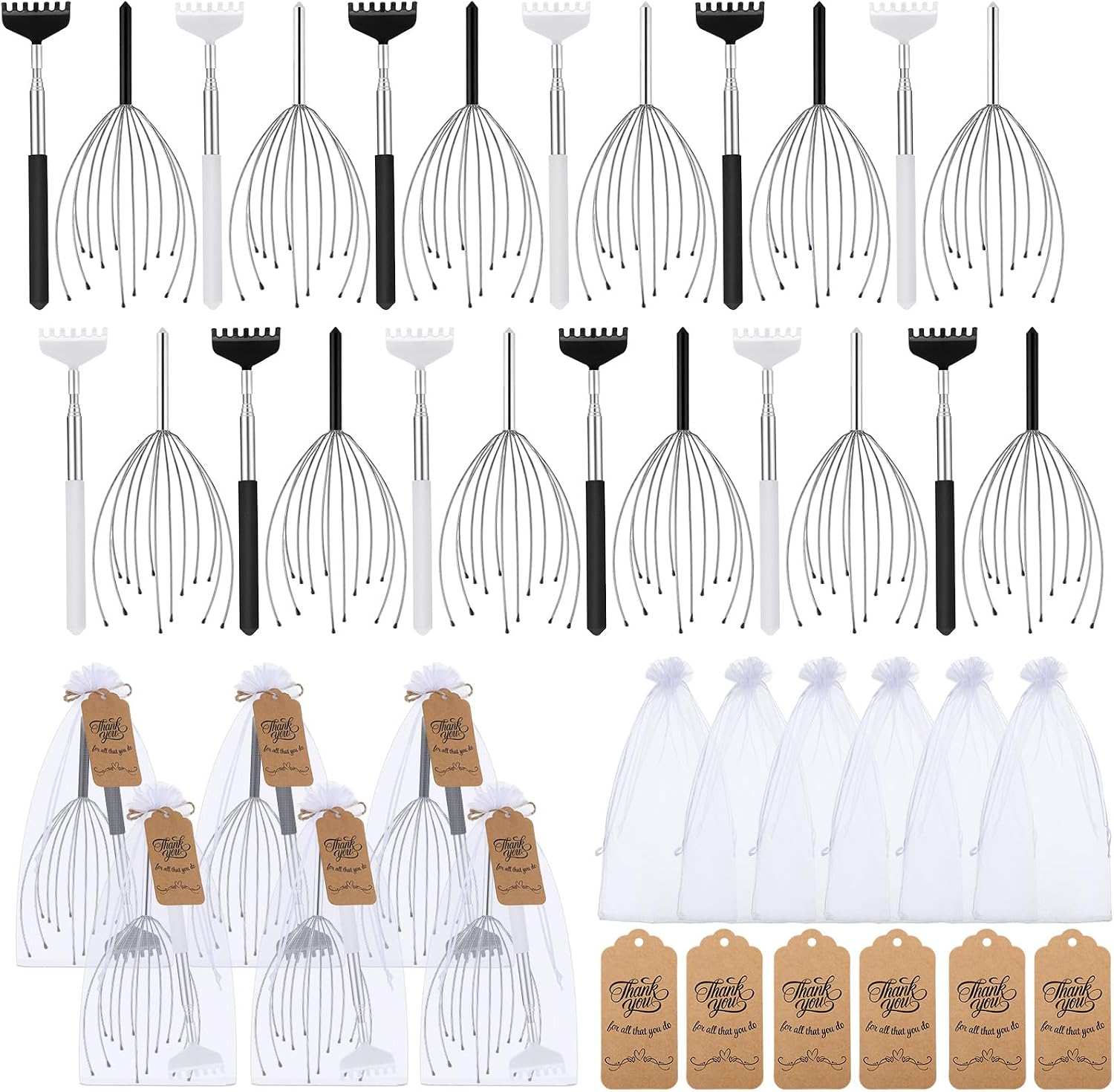 Hoolerry 12 Set Scalp Head Massager and Back Scratcher Employee Appreciation Bulk Gifts with Thank You Cards Gift Bags Stress Relief for Graduation Father's Day Coworker(Black,White)